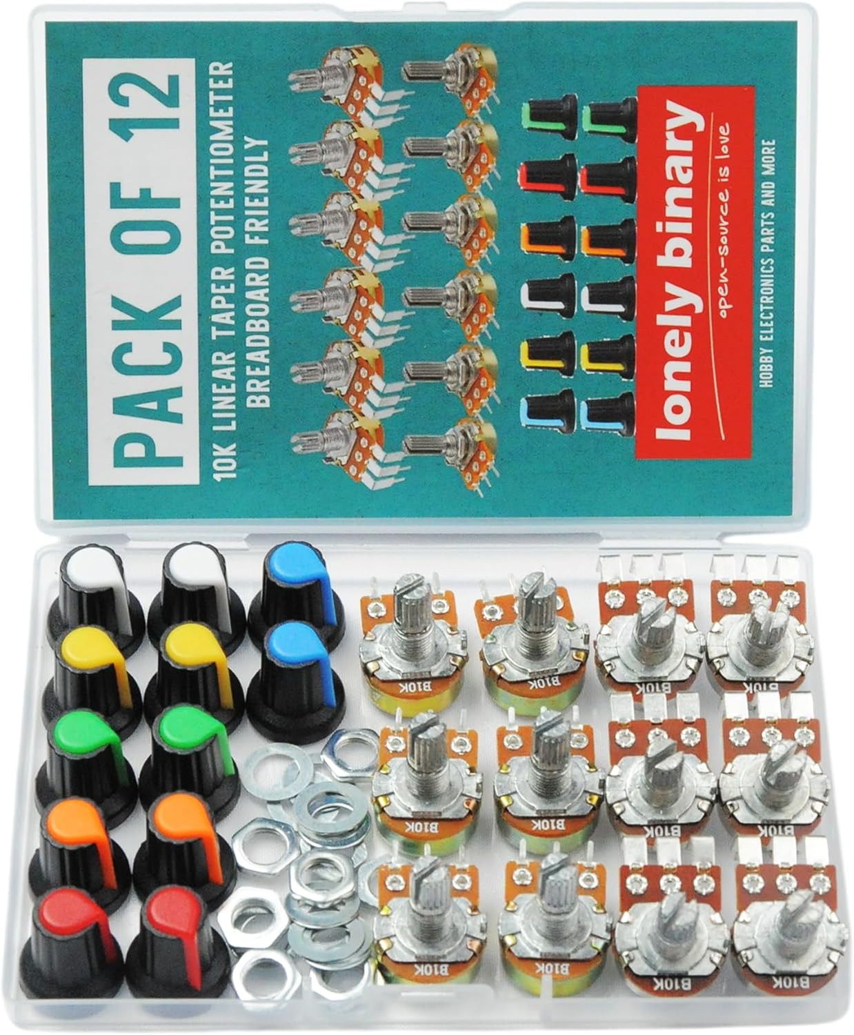 Lonely Binary 12-Pack 10K Rotary Potentiometers with Assorted Knobs, 6 Straight & 6 Right-Angle, 12 Knobs, Breadboard-Friendly, Perfect for Arduino, Raspberry Pi, ESP32 Projects, and DIY Electronics. image number 4