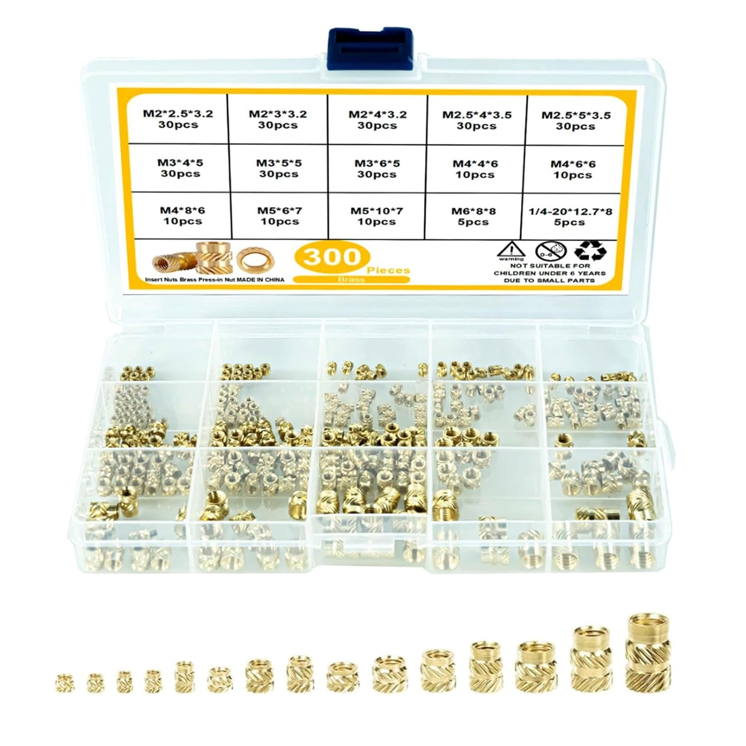 300Pcs M2 M3 M4 M5 M6 Brass Threaded Inserts, Brass Heat Set Insert for Plastic Parts, Threaded Insert Set for 3D Printing Injection Molding(Color:As Shown)