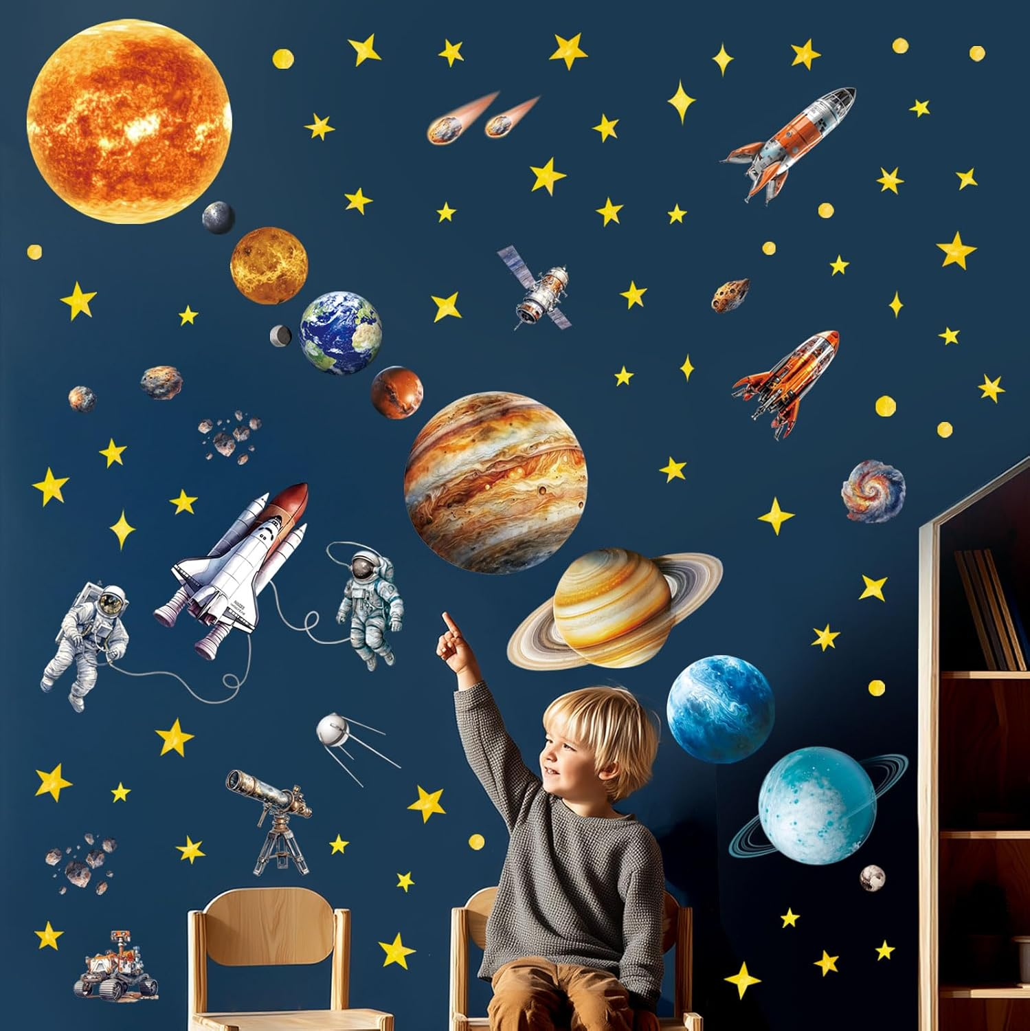 DECOWALL DS12-8077 Solar System Wall Stickers Peel and Stick Removable Nursery Kids Room D&eacute;cor Stars Bedroom Boys Girls Planet Space Playroom Earth Moon Galaxy image number 6