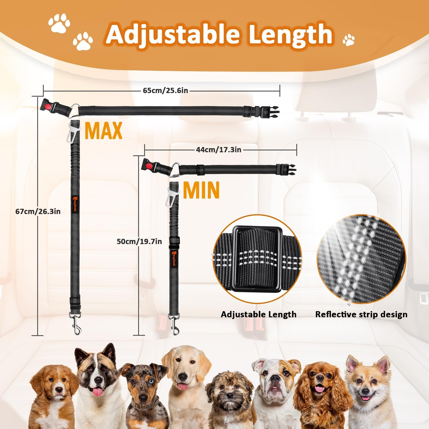 Removable Dog Seat Belt Harness for Car, 3 in 1 Pet Dog Car Seatbelt Leash, Retractable Restraint Secures to Vehicle Headrest & Adjustable Reflective Bungee Dog Seatbelt Tether, Black - 2Pcs Blue image number 6