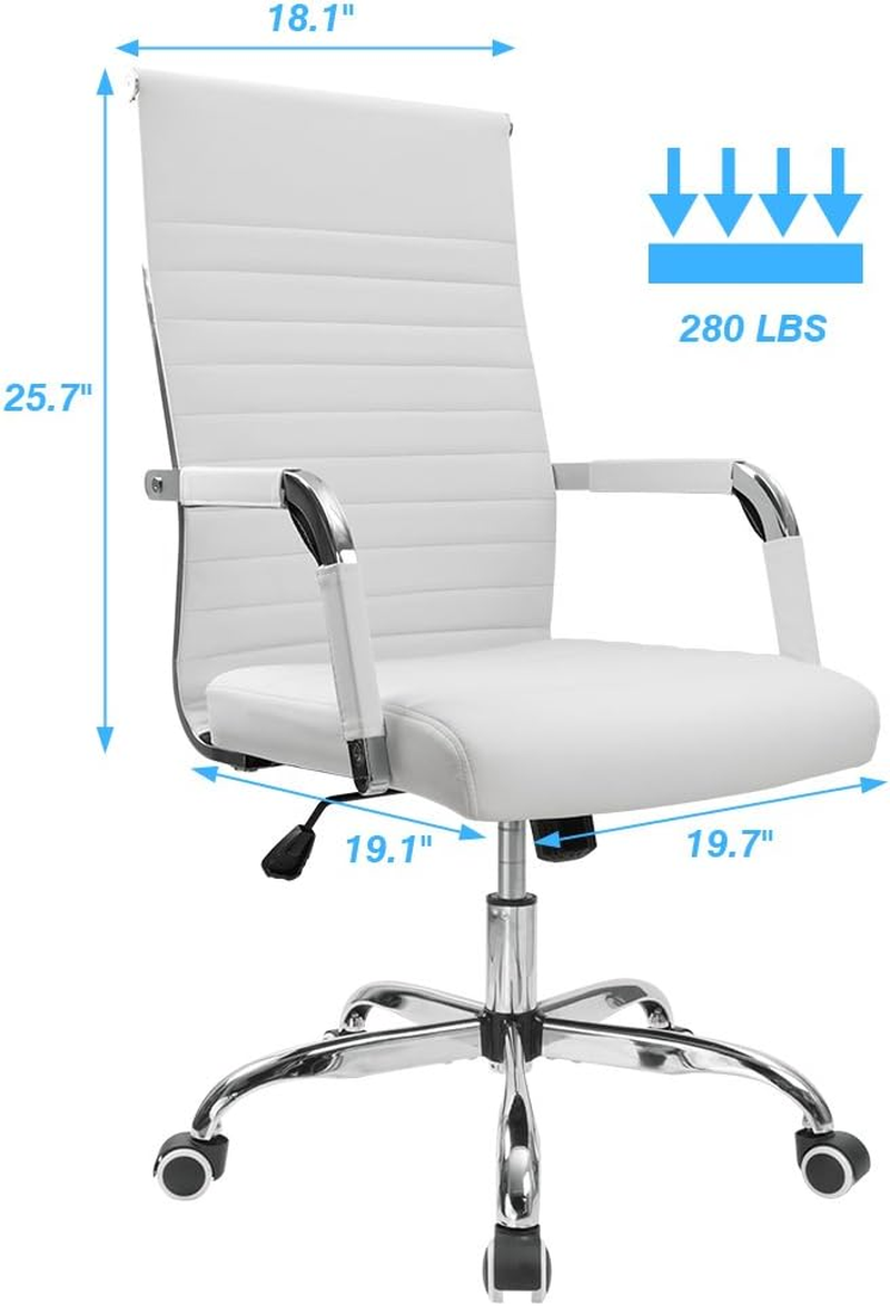 Ribbed Office Desk Mid-Back Pu Leather Executive Conference Task Adjustable Swivel Chair with Arms, White - Grey image number 2