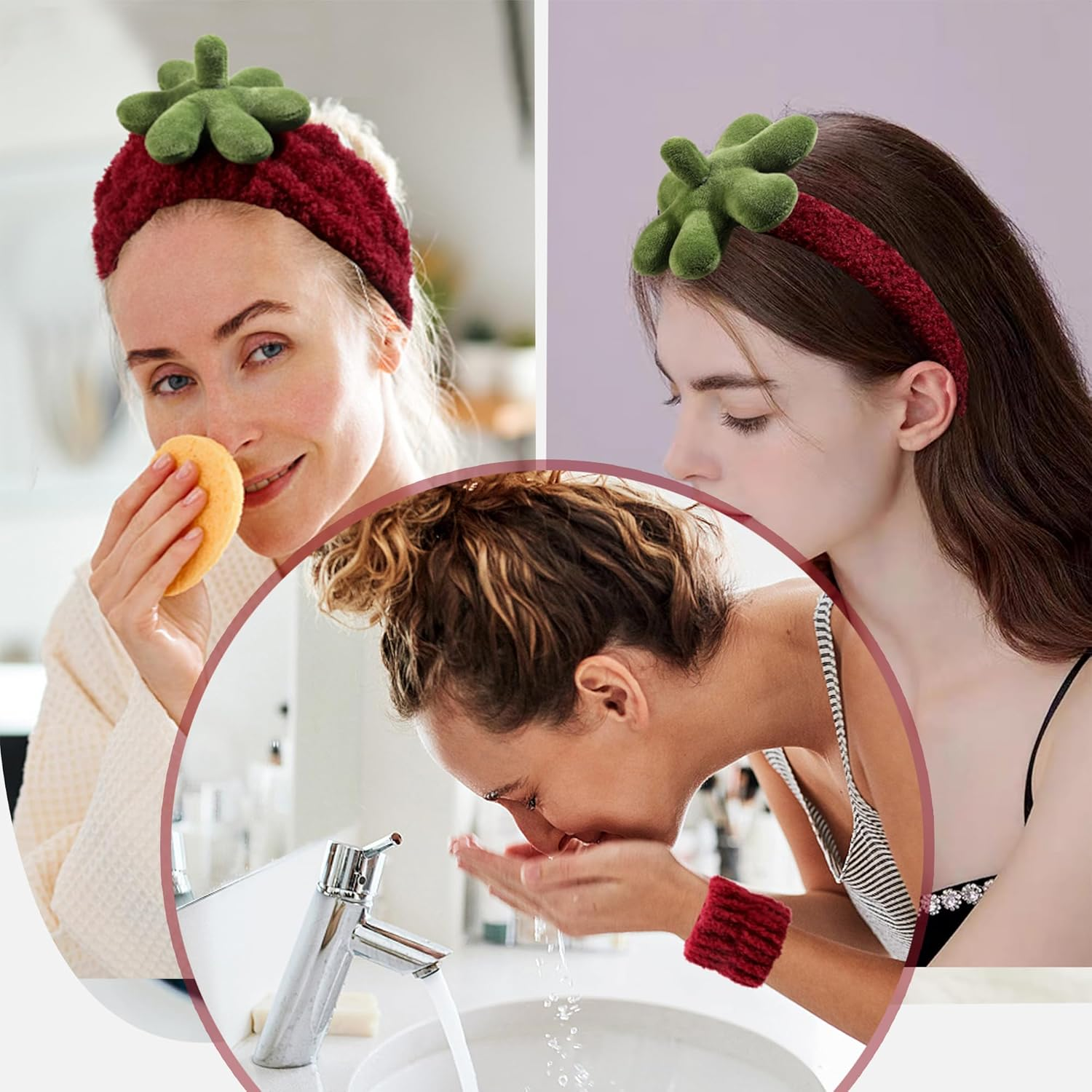 Ivyu Spa Skincare Headbands& Wristband Set，Cute Strawberry Makeup Headband for Women Girls,Non Slip Sponge Headband，Skincare-Padded Soft Thick Terry Cloth Hair Band Accessory. image number 5