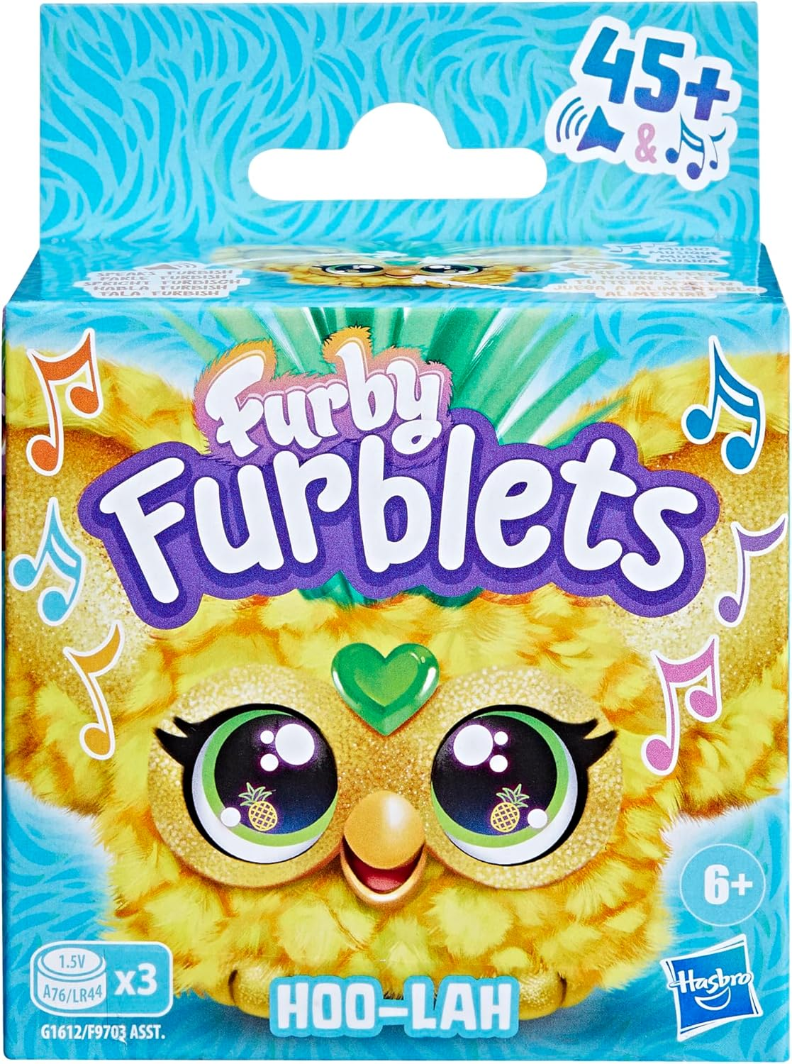 Furby Furblets Hoo-Lah Pineapple Mini Friend, 45+ Sounds & Music, Speaks Only Furbish, Electronic Plush Toys for 6 Year Olds & Up, Yellow & Green