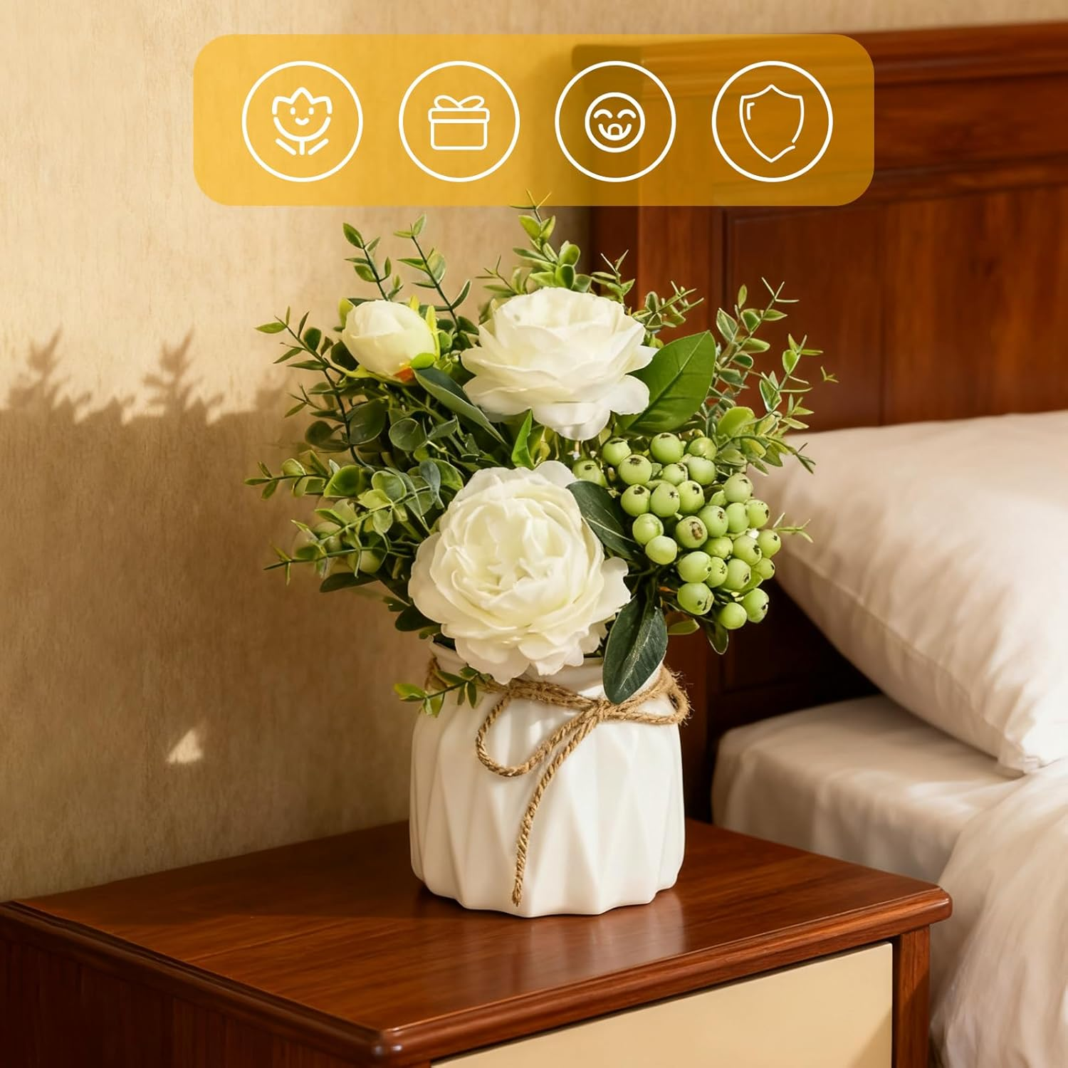 Artificial Eucalyptus Rose Berry Bouquet with Ceramic Vase, 20Cm, Plastic Flowers for Home, Living Room, Office Decor (Pinellia) image number 1