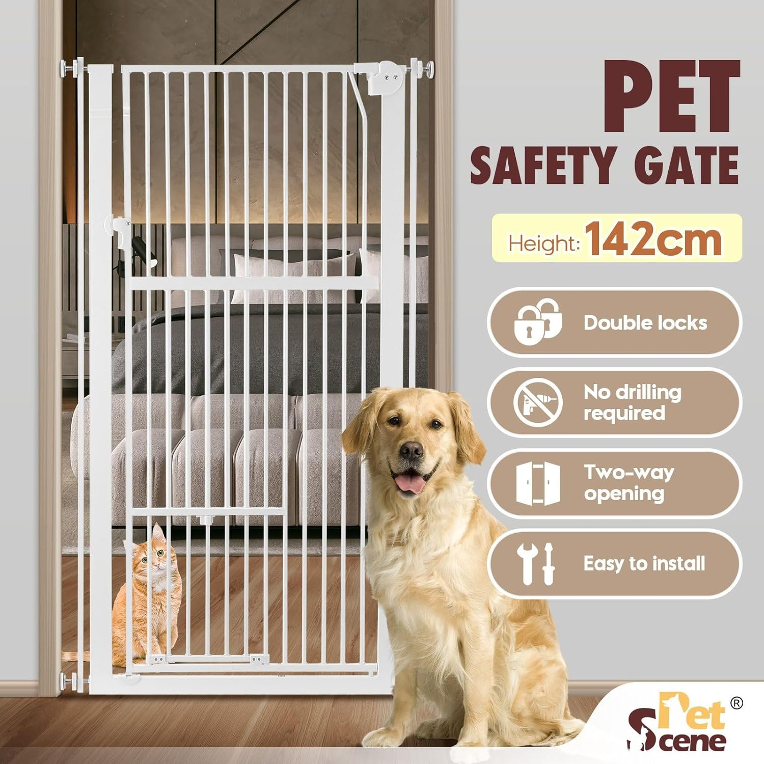 Pet Scene Safety Gate for Pet Dog Cat Security 142Cm Extra Tall Retractable Pet Fence Enclosure Guard Kitchen Doorway Stairs Barrier with Walk through Door image number 4
