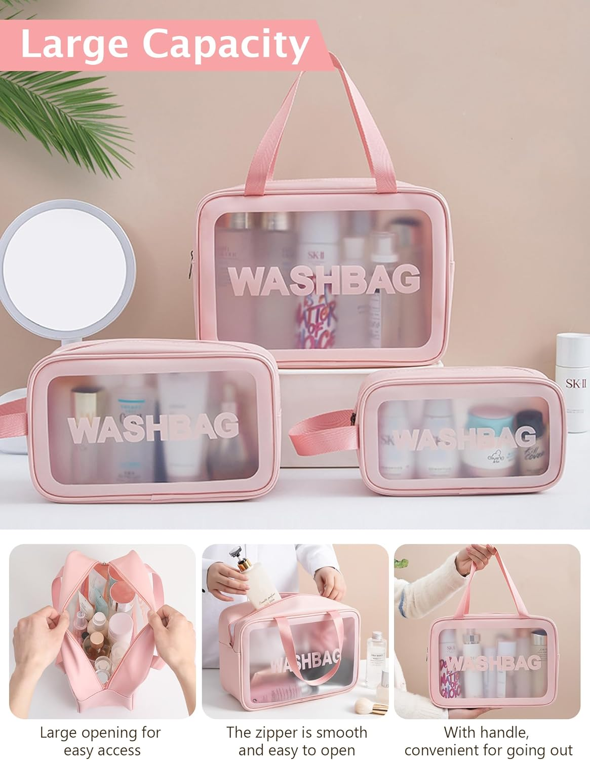 Travel Clear Makeup Bag, Portable Waterproof Cosmetic Organizer Case with Handle for Women, Essential Carry-On Travel Accessories for Toiletries and Brushes (3 Pcs-White)