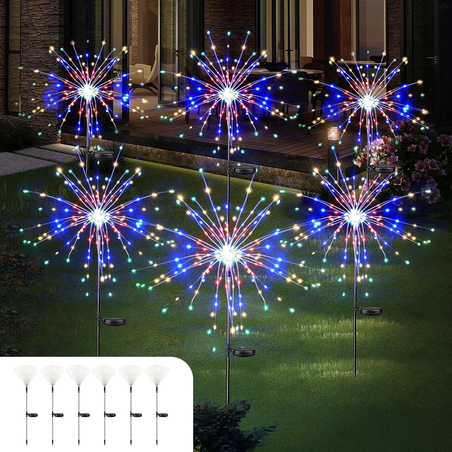 Theapro Solar Firework Lights 6 Pack, Total 720 Leds Solar Garden Light 8 Modes Twinkling Lights for outside Outdoor, Yard Pathway, Wedding, Party, Patio (Multi-Colored) image number 2