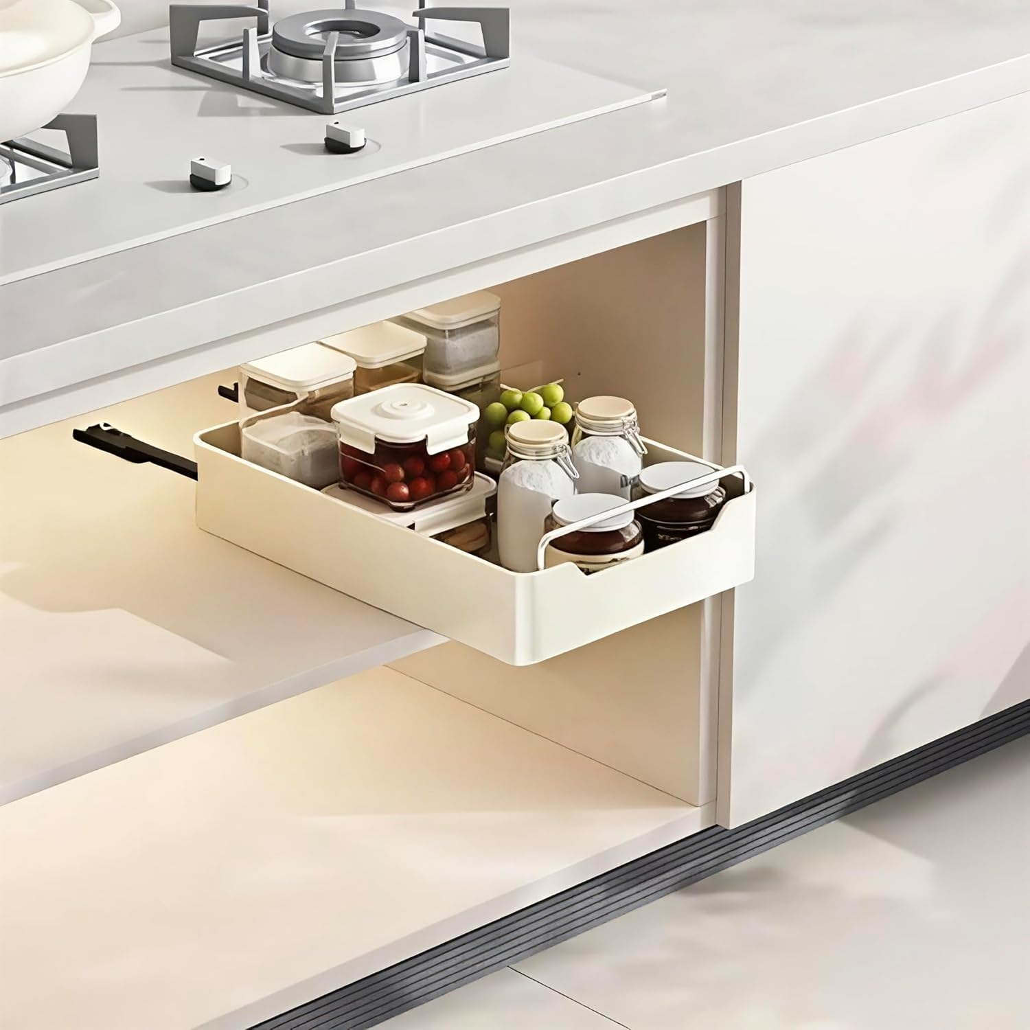 Expandable Pull Out Cabinet Organizer, Pull Out Drawers for Cabinets, Roll Out Shelves Adhesive, Easy to Store and Clean Built-In Drawer Design Storage Holder for Kitchen Storage & Organisation, 1 Pc image number 4