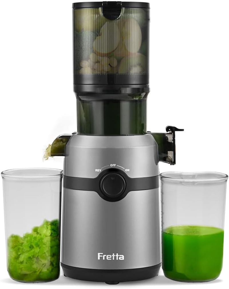Fretta Cold Press Juicer Machine for Whole Fruits and Vegetables,Masticating Slow Juicer with 1L Large Capacity and 108Mm Wide Feeding Chute,Tritan Bpa-Free,Reverse Function,200W,Easy to Clean,Black
