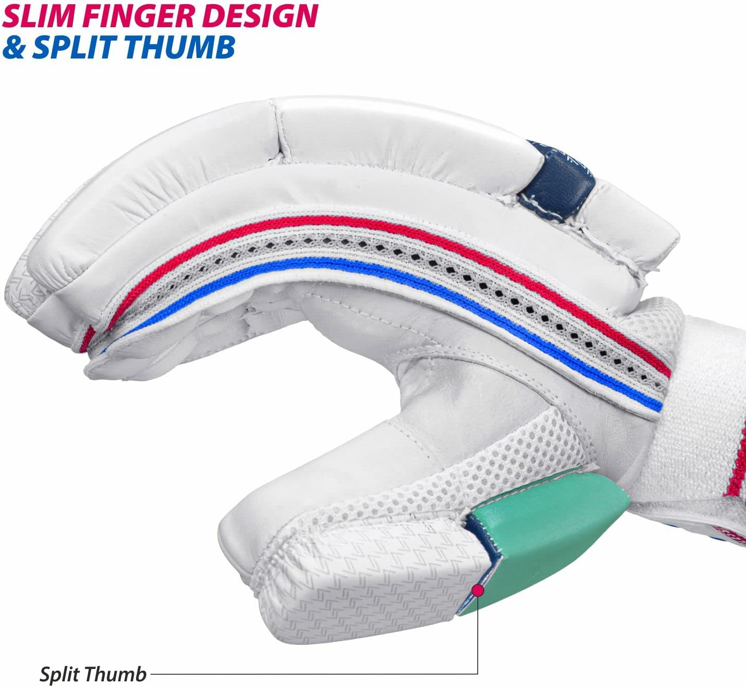 DSC Intense Valor Leather Left Handed Cricket Batting Gloves for Mens, White Turquoise| Softball Batting Gloves -Durable Full Wrap Cage Practice Gloves - Reinforced Wrist + Heavy Duty Leather image number 3