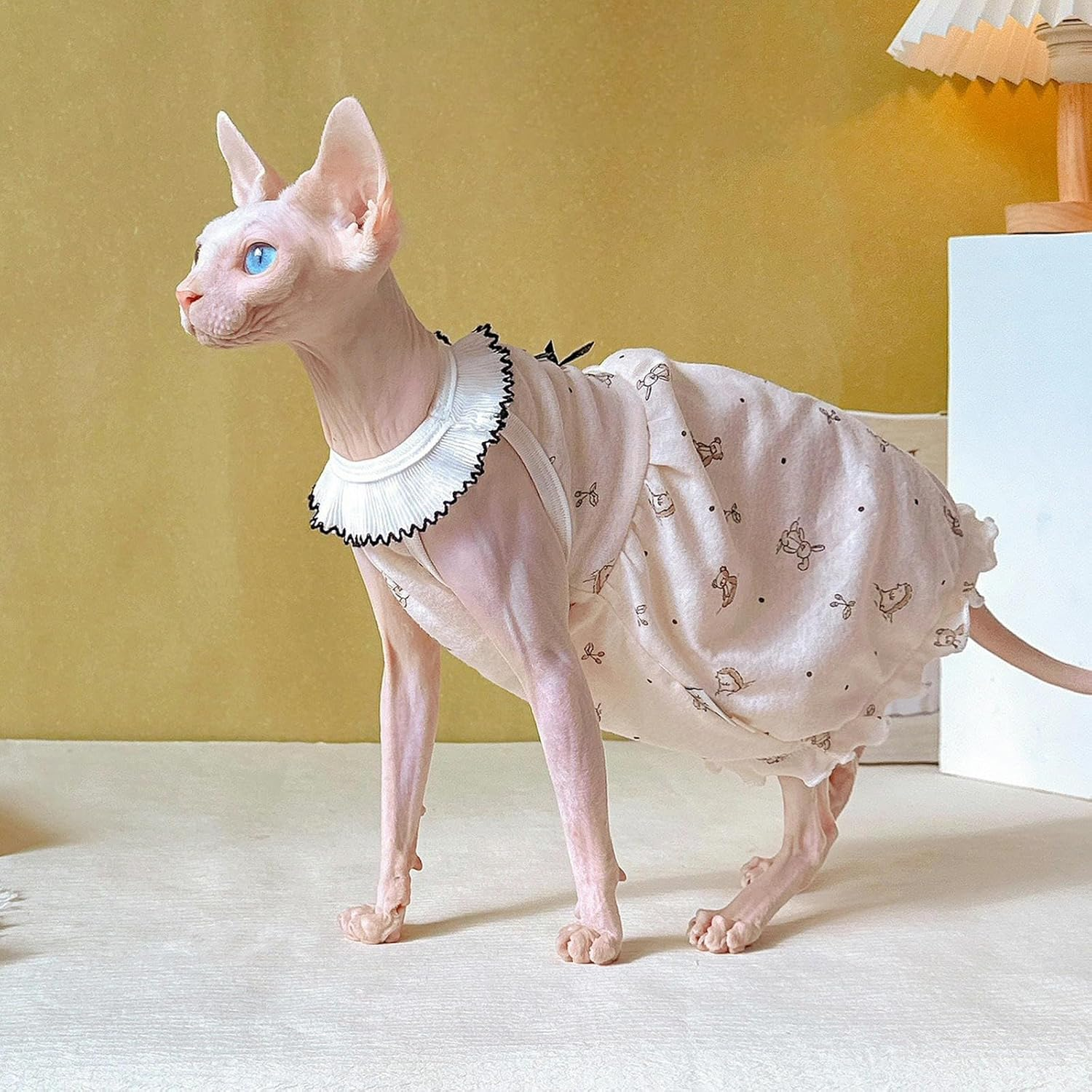 IUOUTG Sphynx Cat Clothes Hairless Cat T-Shirts Soft Cotton Cat Vest with Bow Tie Cute Kittens Princess Dress with Cartoon Print for Cats & Small Dogs Summer Puppy Apparel