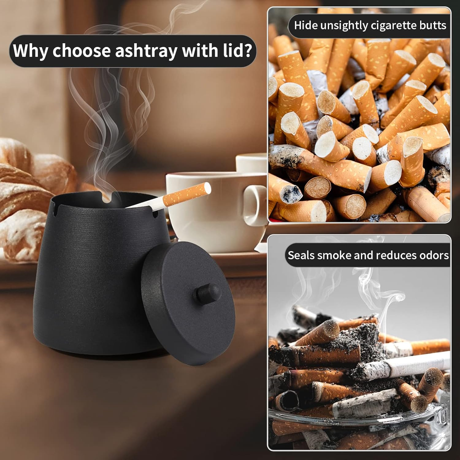 Outdoor Ashtrays for Patio with Lid, Ash Trays with Covers, Ashtray Odorless, Ash Tray Sets for Cigarettes, outside Covered Stainless Steel Iron Windproof Tabletop image number 3