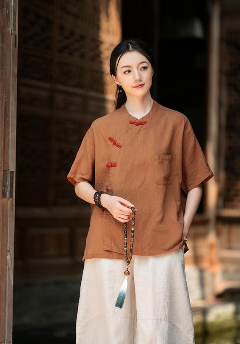 Linen Blouse Women'S Chinese Style Shirt Vintage Boho Zen Tops - Purple image number 3