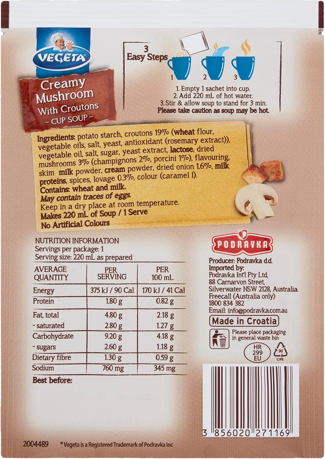 Vegeta Creamy Mushroom with Croutons Cup Soup 20G X 20 Box