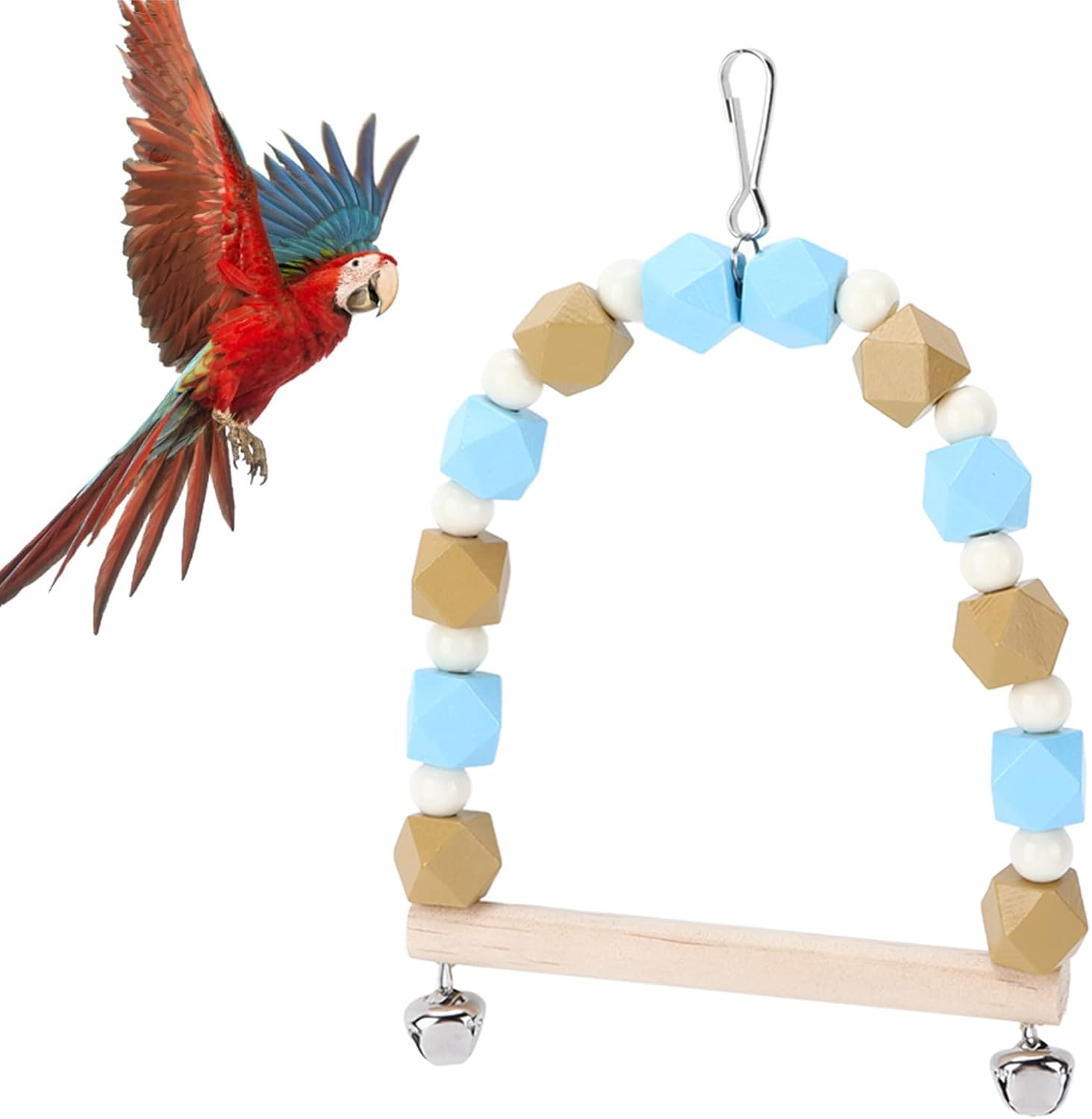 Riuulity Colorful Swing with Bells, Small Medium Size Wooden Block Swing for Movement, Easy to Install for Bird Cage Decoration