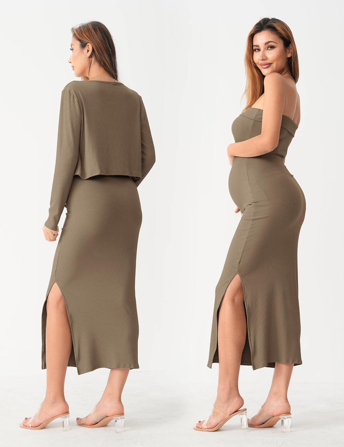 SUNNYBUY Baby Shower Maternity Tube Dress Short Cardigan Bodycon Ribbed Maxi Dress Casual 2 Piece Pregnancy Outfit Set image number 6