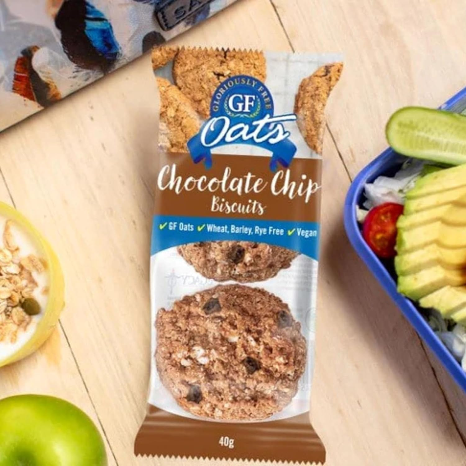 GF Oats Choc-Chip Biscuits | Nil Gluten Contamination | 25 X 40G Pack | Wheat Free, Rye Free, Barley Free, GMO Free, Vegan Biscuits for Gluten Free Diet. Free from Refined-Sugar, Dairy, Egg & Soy image number 1