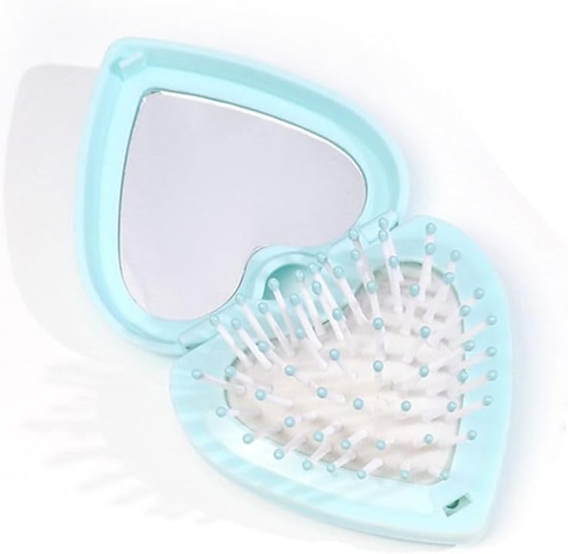 Heart Shape Mini Hair Brush for Purse Travel Folding Pocket Mirror Foldable Comb Women Girl (Pink)