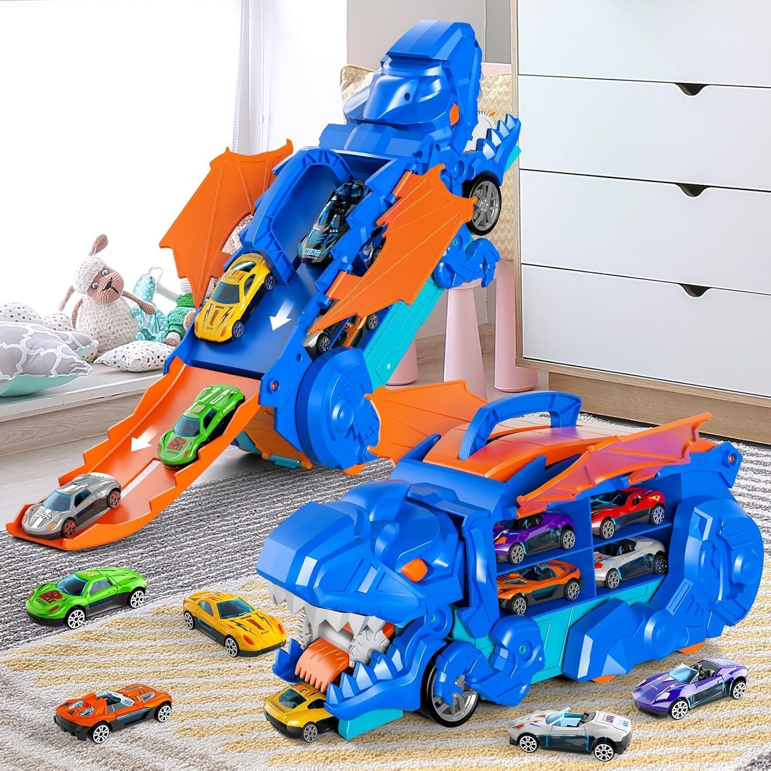 Valdera Dinasour Toys Transporter Truck Track for Kids, Foldable Dinosaur Truck with 10 Racing Cars, Dino Educational Toy for Kids Boys Girls Birthday Gift (Blue) image number 4