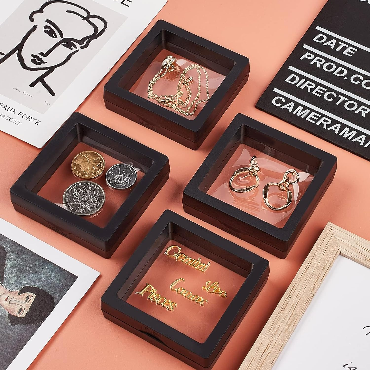 4Pcs 3D Floating Frame with Stand, Challenge Coin Display Holder, Small Shadow Box for Earrings, Rings, Brooch, Military Medal, Black, 2.75X2.75 Inches image number 5