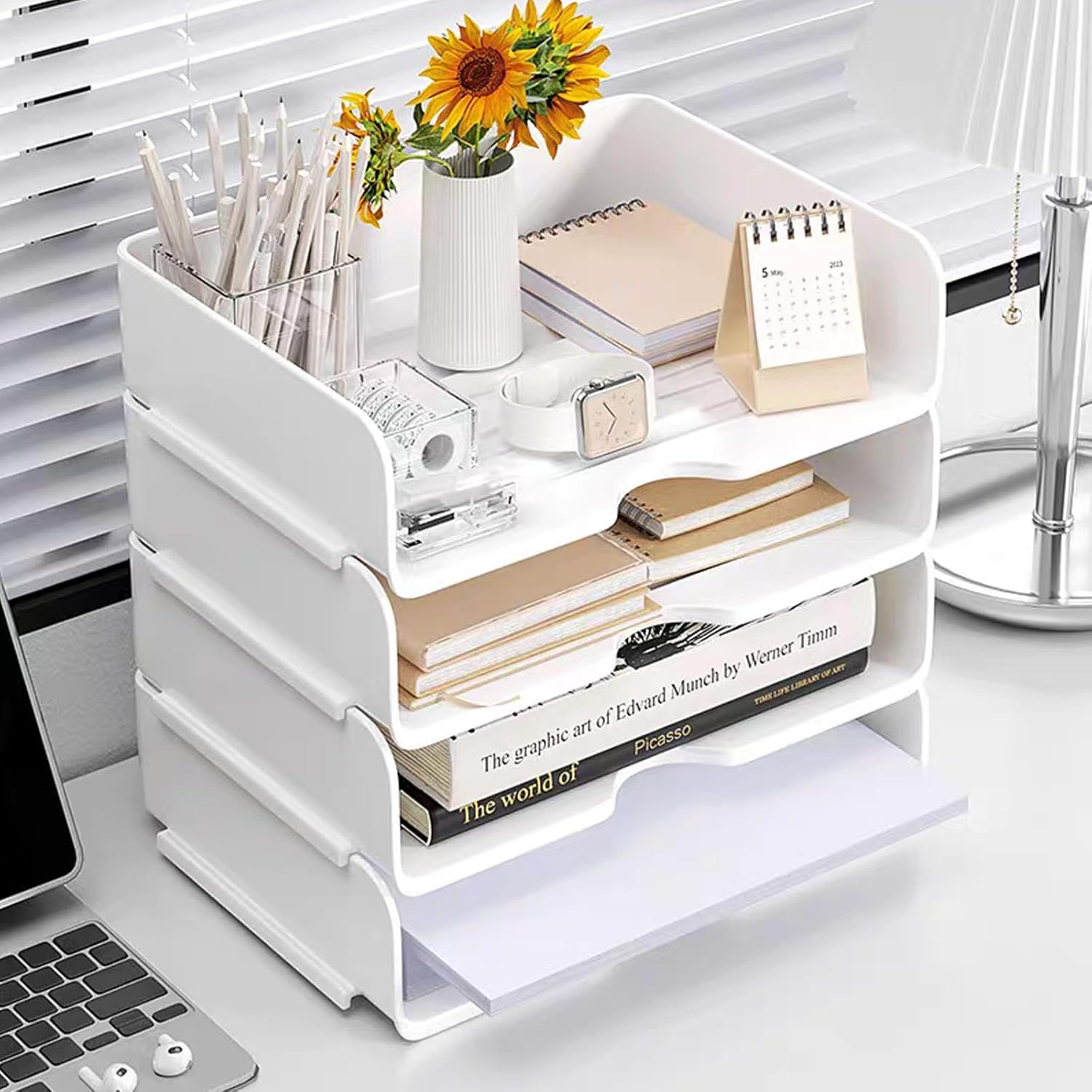 Desk Organiser and Storage, 4-Tier Paper Letter Tray Organiser, Stackable White Desktop Organiser, Storage Compartments, Stackable Order for Documents, Paper, Book Magazine, Office Supplies （4 Pack）