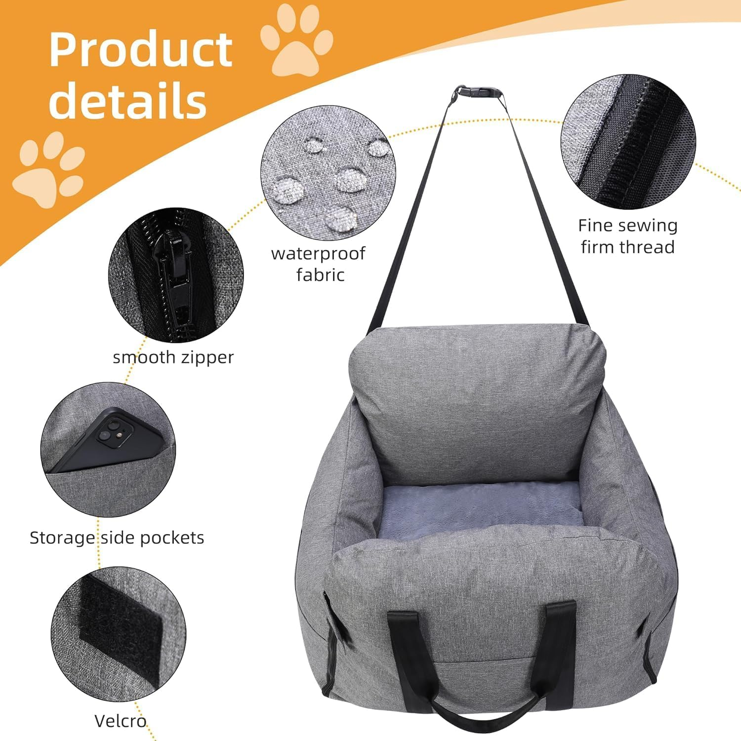 Small Dog Booster Car Seat, Portable Pet Safety Seat with Storage Pockets, Thickened Memory Foam Filling, Detachable and Washable Pet Puppy Travel Bed, Gray image number 6