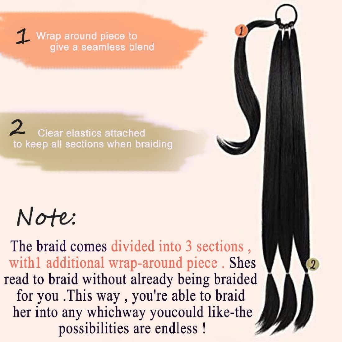 1 X Braid Extensions, Ponytail Extension with Hair Band, for Braiding Long Ponytail Hairpiece for Women, Black image number 4