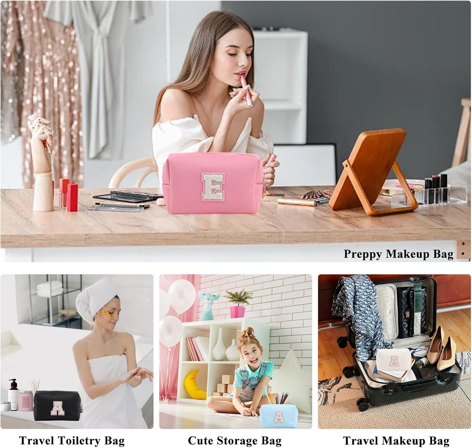 Personalized Initial Makeup Bag Cute Makeup Bag Chenille Letter Waterproof Zipper Cosmetic Bags for Women, Preppy Makeup Pouch Travel Toiletry Bag Organizer Birthday Gift for Girls, Beige-Pink, N