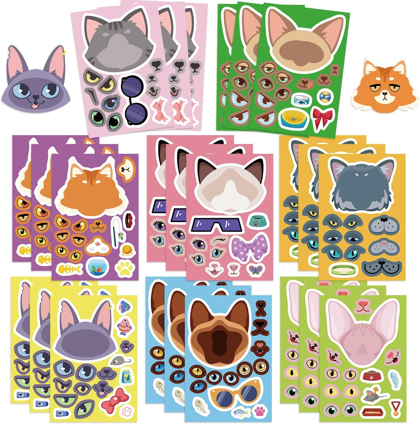 24 Sheets Cat Expression Make-A-Face Stickers Mix&Match Make Your Own Cute Kitty Stickers for Girl Boy Kid Birthday Reward Party Favors Gift DIY Craft for Skateboard, Phone,Bicycle,Laptop,Guitar