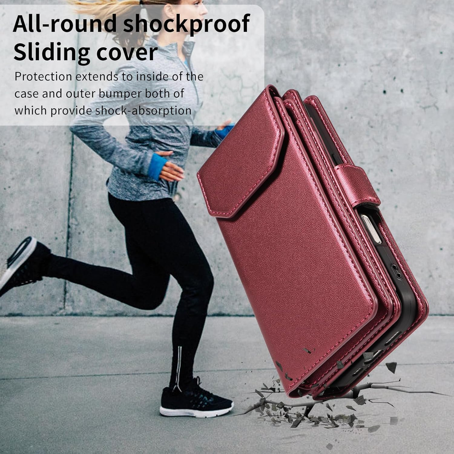 For Iphone 17 Pro Wallet Case with Card Holders Money Slots Wrist Strap,For Iphone 17 Pro Leather Folio Flip Case Kickstand Phone Cover-Wine Red image number 5