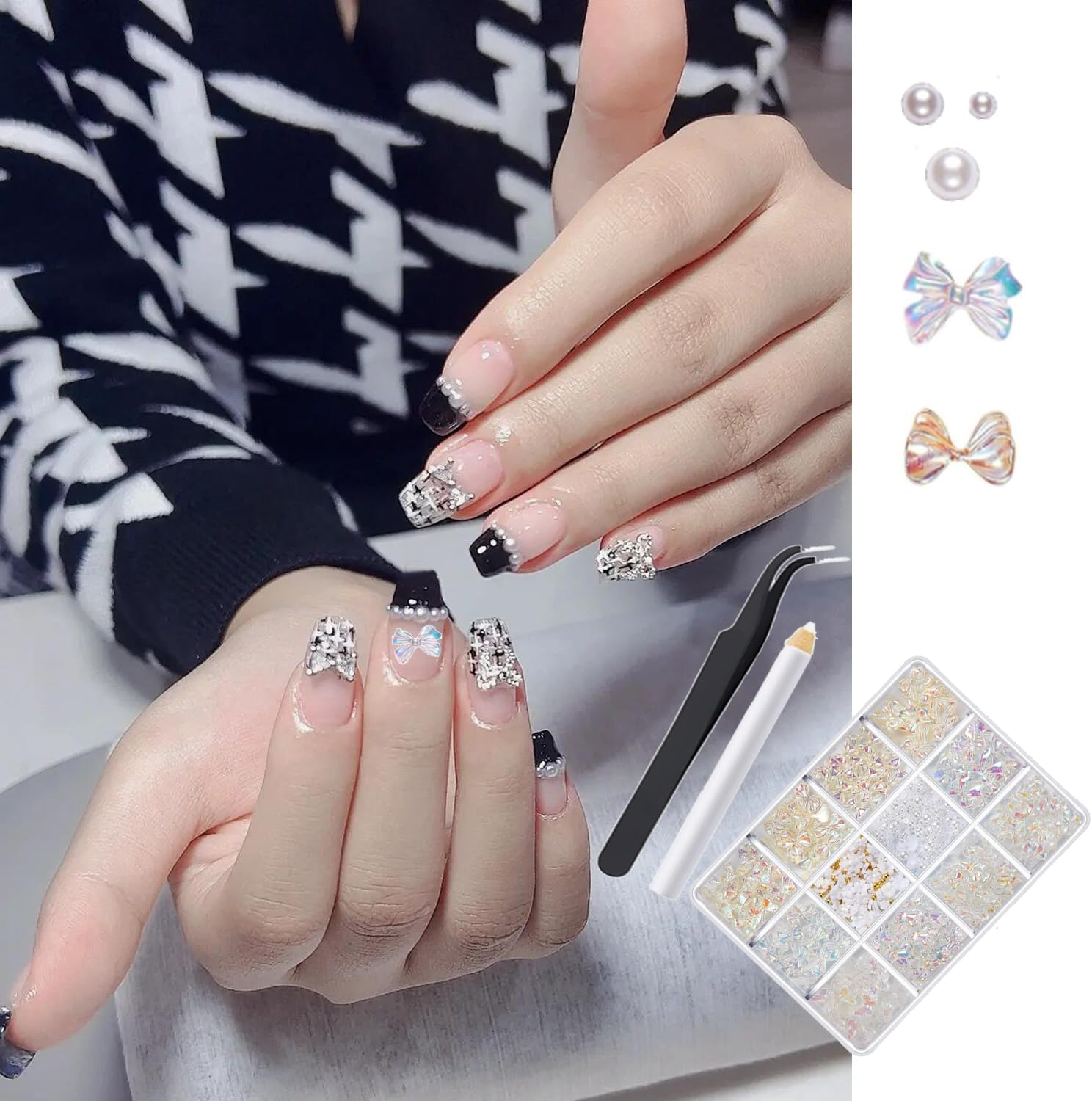 Taicols 850Pcs 3D Bow Nail Charms,Clear Colorful Nail Art Charms Bowknot Nail Art Rhinestones and Pearls with Tweezers,Nail Pens Nail Decorations Accessories for Women Party, Daily image number 1