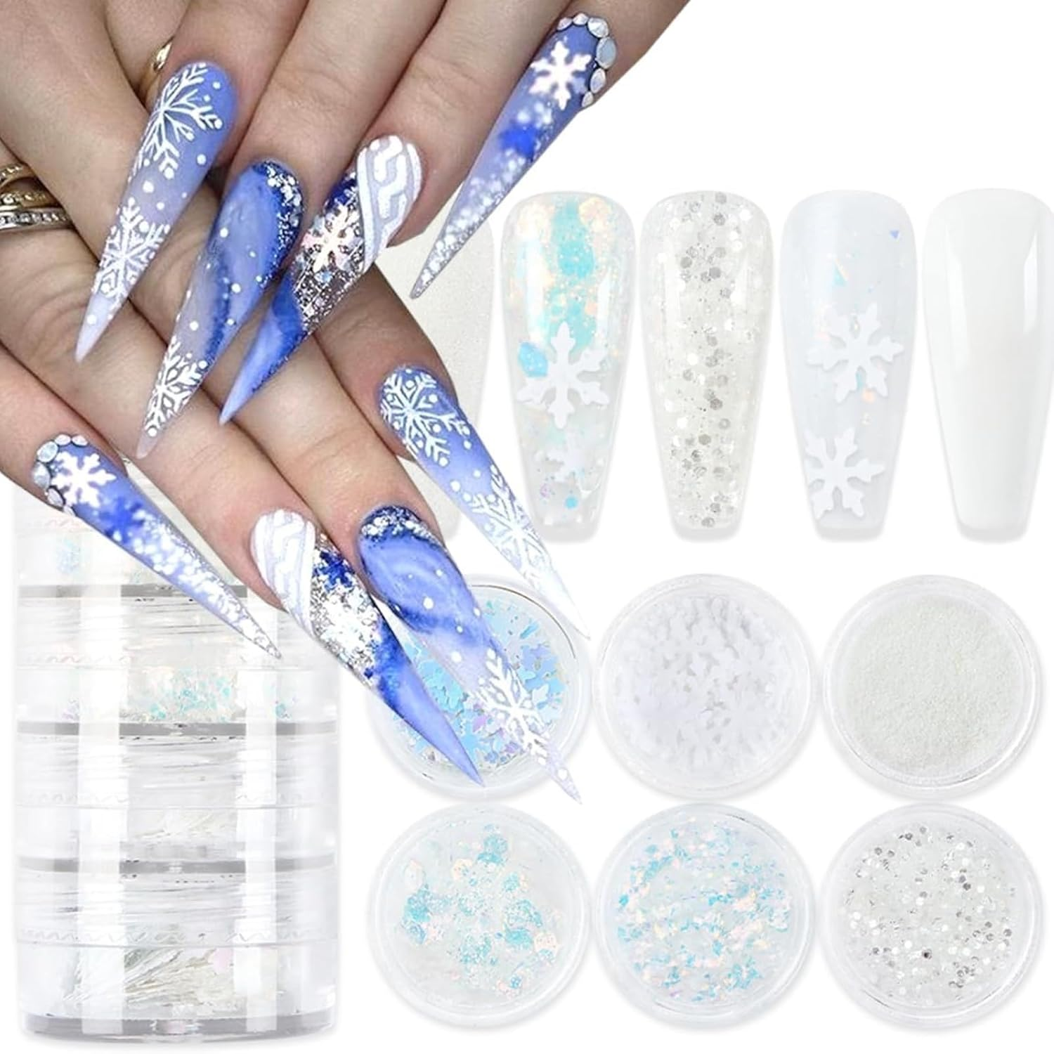 Itadaku 6 Boxes Christmas Snowflake Nail Glitter Set, Holographic Sequin Flakes for DIY Nail Art Decoration, Holiday Designs