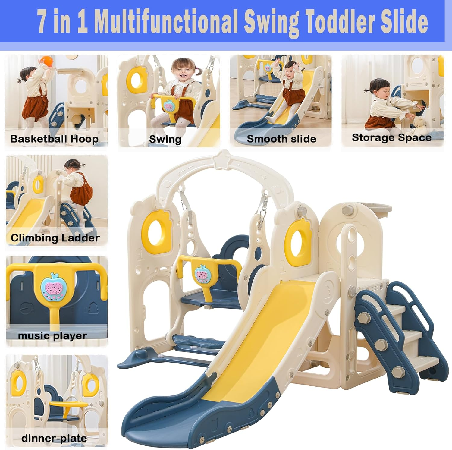 Kids Slide and Swing Set, 7In1 Toddler Slide Playset with Adjustable Swing and Dining-Plate, Basketball Hoop, Ball and Climb Stairs Kids Playset Indoor Outdoor Backyard with Music Player image number 4