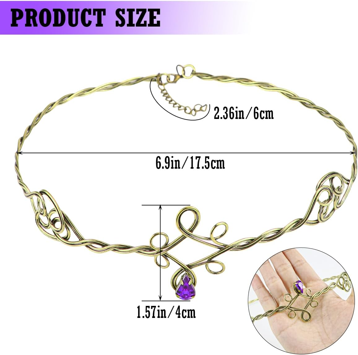 ZJIVQO Forehead Headbands Iron Circlet for Women Woven Forehead Band Crystals Tiaras Hair Band Gold Hair Hoop with Jewels Crystal Rhinestone Wedding Head Band Princess Crown Headband Tiara,Purple,