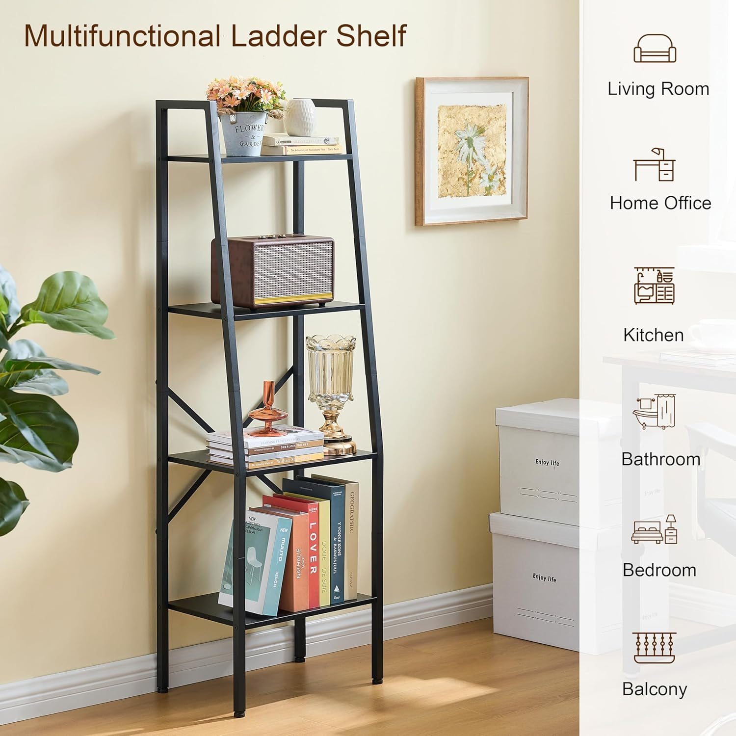 Hoctieon Ladder Shelf Bookcase, 4-Tier Ladder Bookshelf, Tall Bookshelf with Metal Frame, Industrial Bookshelf Ladder, for Living Room, Kitchen, Home Office, Bedroom, Simple Assembly, Black image number 4