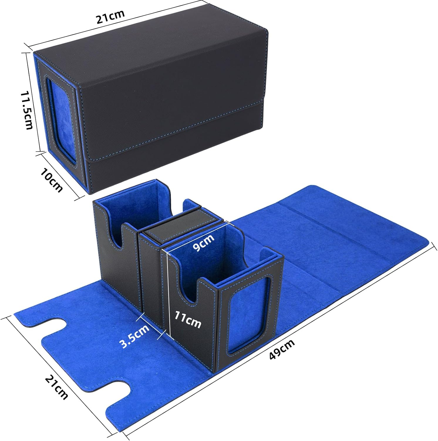 AFIING MTG Commander Card Storage Box - Fits 200 Double Sleeved Cards,3-In-1Card Deck Case,Strong Magnet Card Organizer for Magic Commander TCG Ccg,4Dividers &2 Toploaders, Black/Blue - Black Gold image number 5