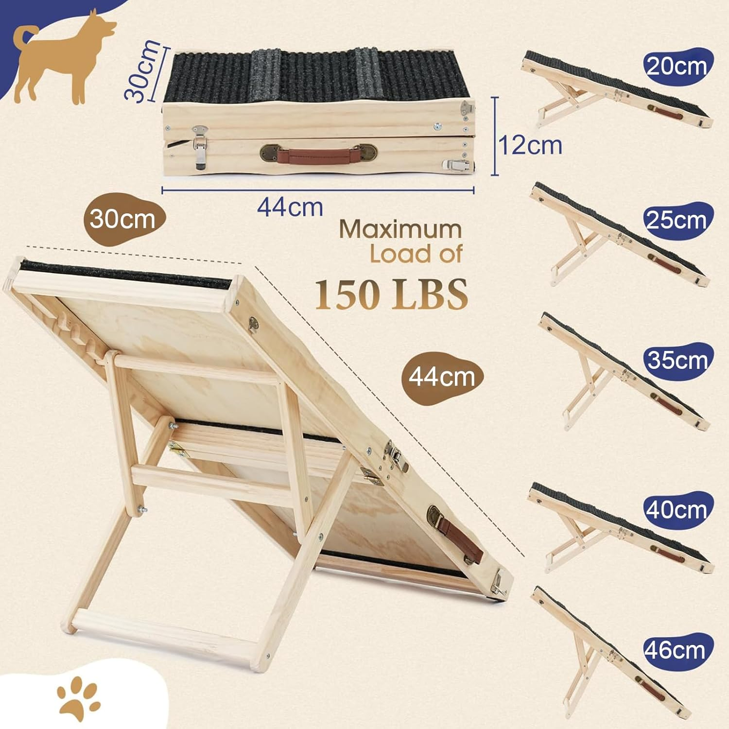 Dog Ramp, Adjustable Portable Folding Pet Stairs for Bed, Couch & Car, Non-Slip Wooden Surface, 83Cm Long, Supports Small to Large Dogs, Elderly Pets (Black, 83Cmx30Cm) image number 5