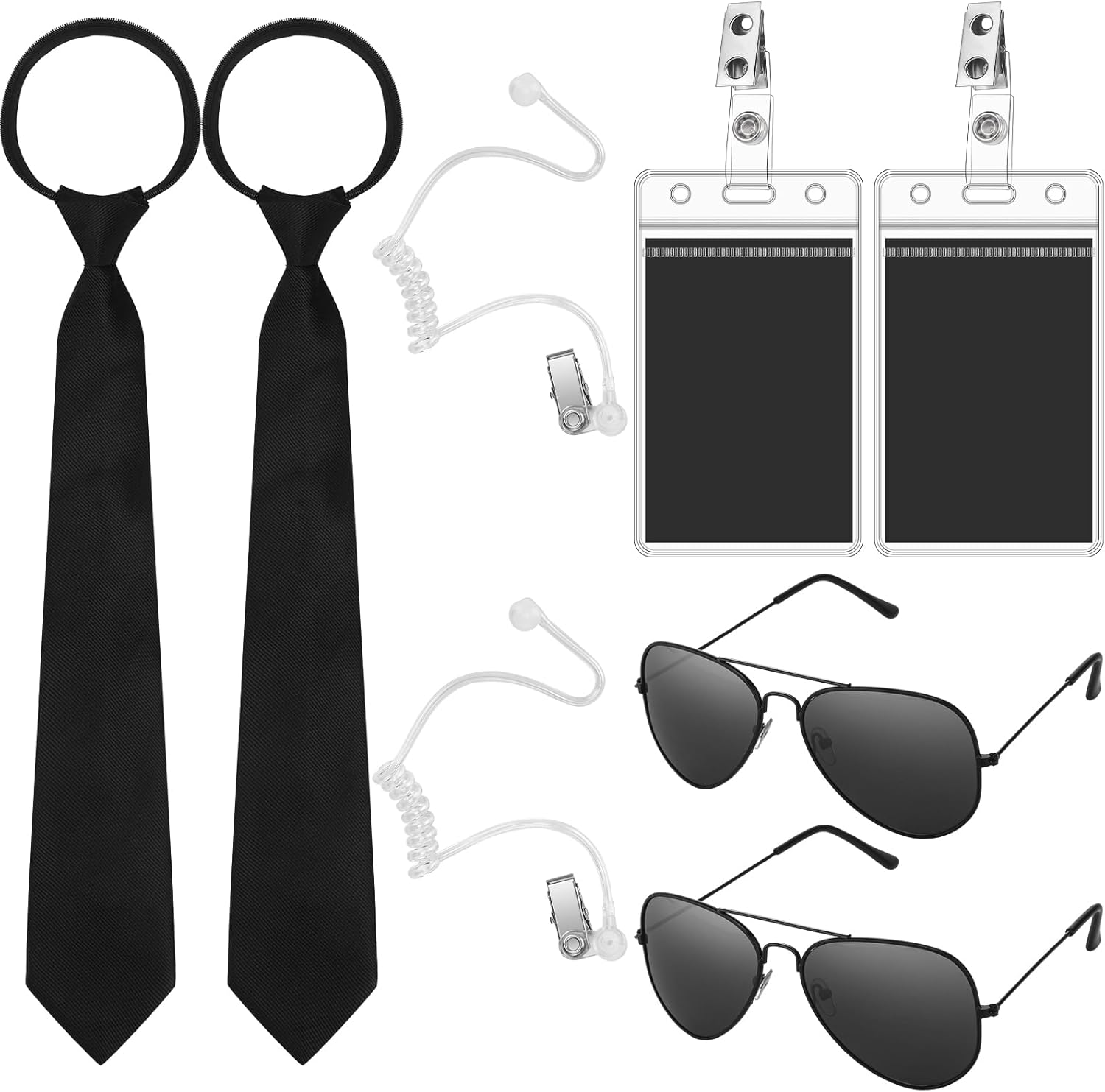 Mepase Set of 8 Agent Costume Set Secret Security Guard Costume Adjustable Pre-Tied Zipper Tie ID Badge Prop Black Sunglasses Earpiece for Men Halloween Party Cosplay Game, Black image number 1