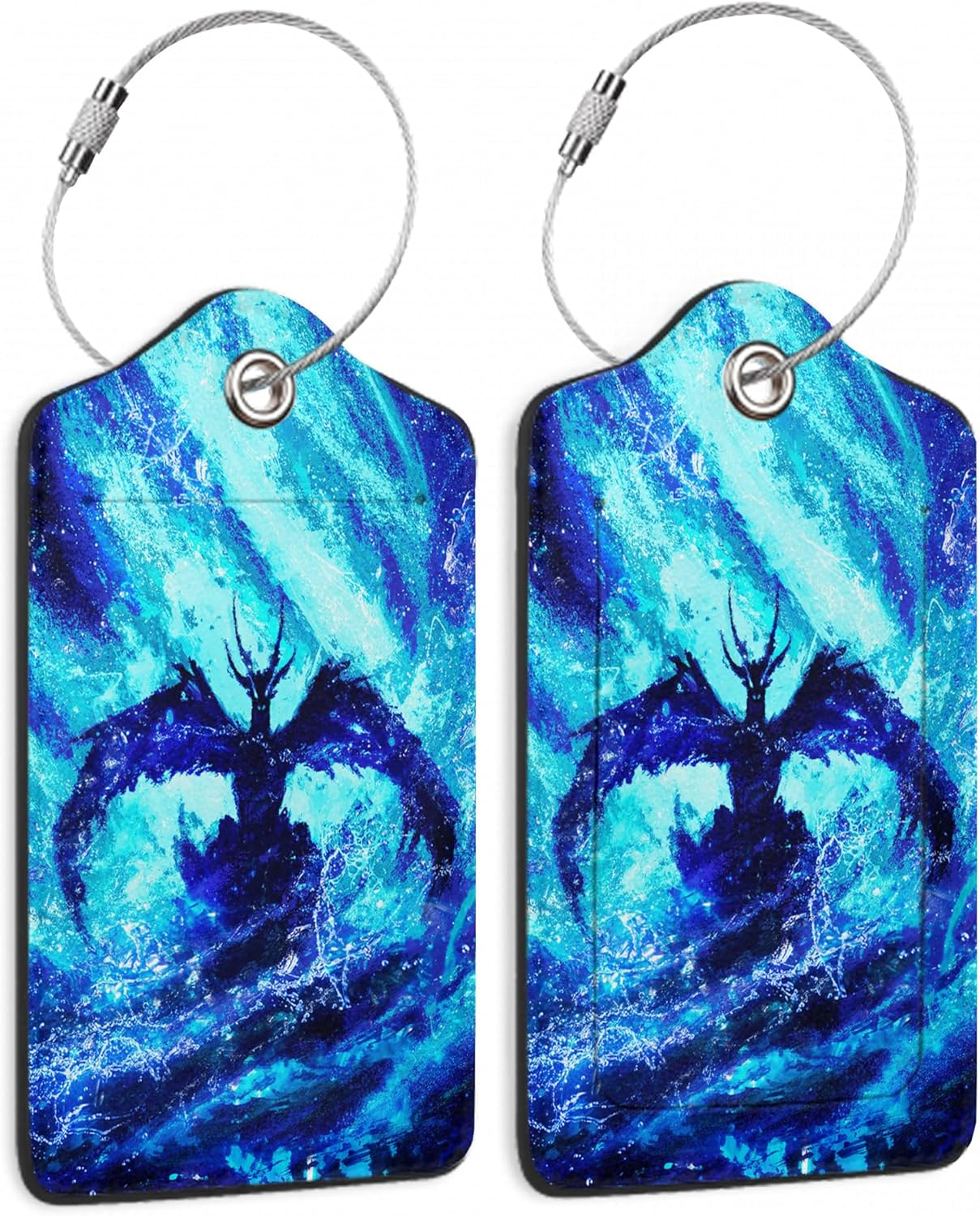 SKYDAWNY 2 Pack Leather Luggage Tags for Suitcase,Blue Dragon Water Glowing Travel Cruise Baggage Tag for Women Men Luggages Bag with Privacy Cover Name ID Label Stainless Steel Loop image number 2