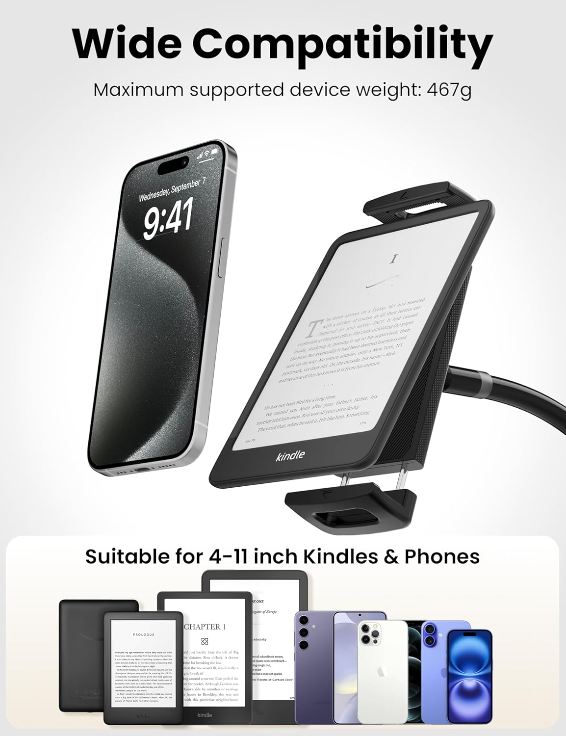 Gooseneck Kindle Holder with Remote Page Turner for Reading in Bed,Tablet Mount Holder for Desk,Flexible Long Arm for Tablets Iphones Kindle Accessories image number 6