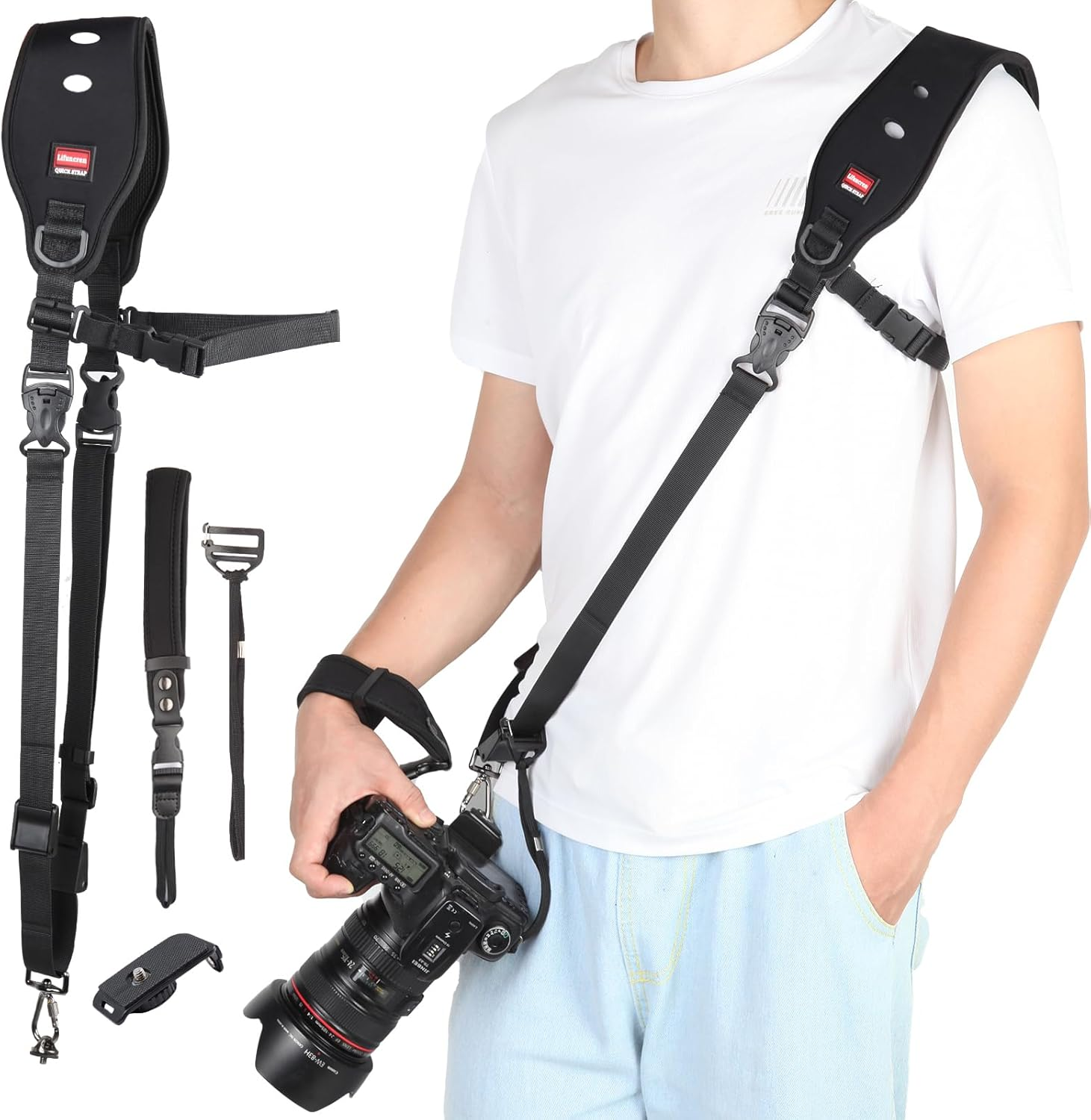 Lifuncren Camera Strap with Camera Wrist Strap Set, Quick Release Camera Shoulder Strap with Safety Tether and Quick Attach Plate, Adjustable Camera Neck Strap for DSLR SLR Camera image number 4