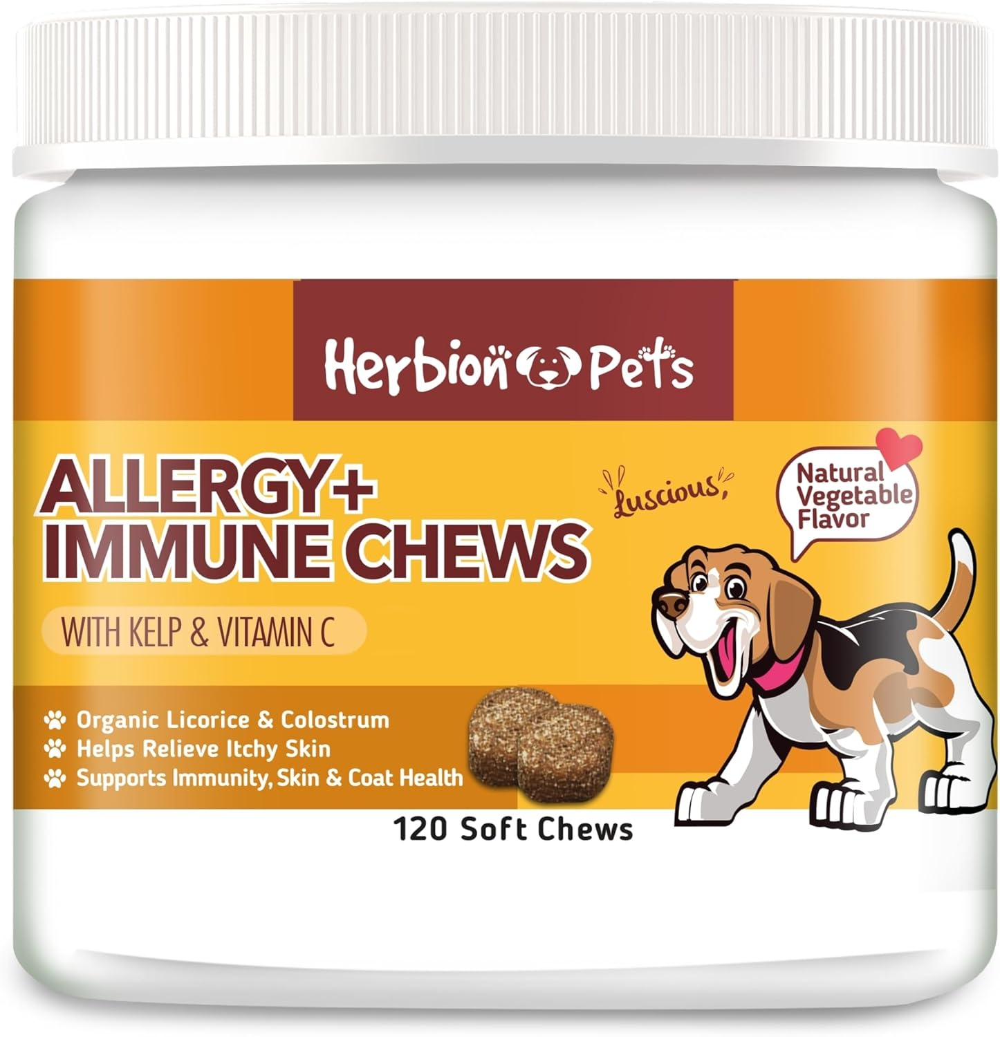 Herbion Pets Allergy + Immune Chews with Kelp & Vitamin C, 120 Soft Chews &ndash; Supports Immunity, Skin & Coat Health &ndash; Relieves Itchy Skin &ndash; Made in USA. Natural Vegetable Flavor &ndash; for Dogs 12 Weeks +
