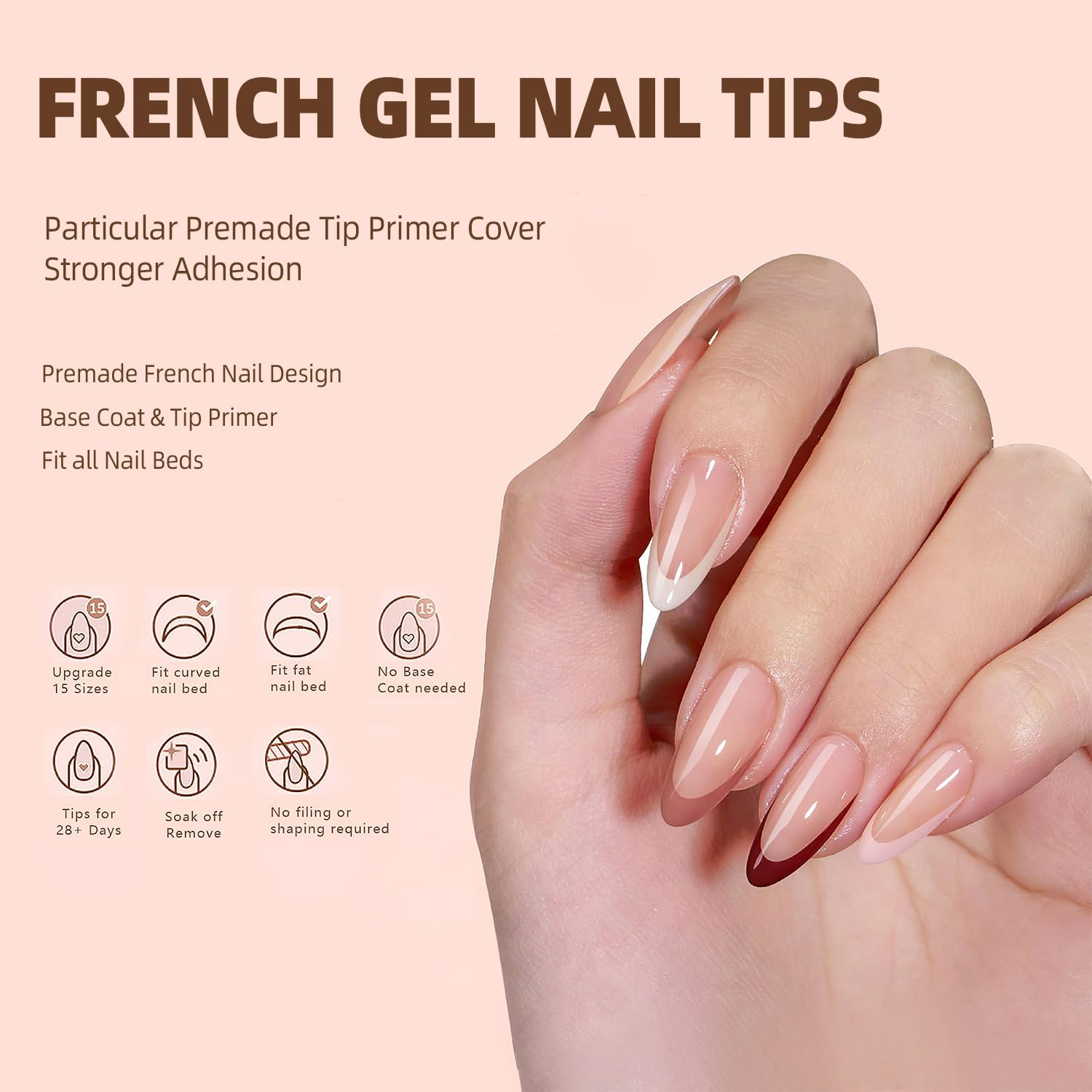 CHANGAR French Gel Nail Tips 150 Pieces Short Almond Shape French Press on Tips with Pre Applied Base Coat and Base Coat No Files Needed (Rainbow - Almond) image number 4