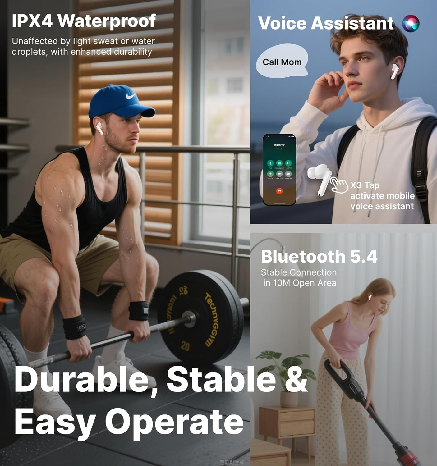 Hmusic H26 Wireless Earbuds, 4 Mic ENC in Ear Headphones, Bluetooth Earphones 40H Playtime W/Charging Case, LED Display, Long Battery Life, Waterproof Workout Sport for Android Ios image number 2