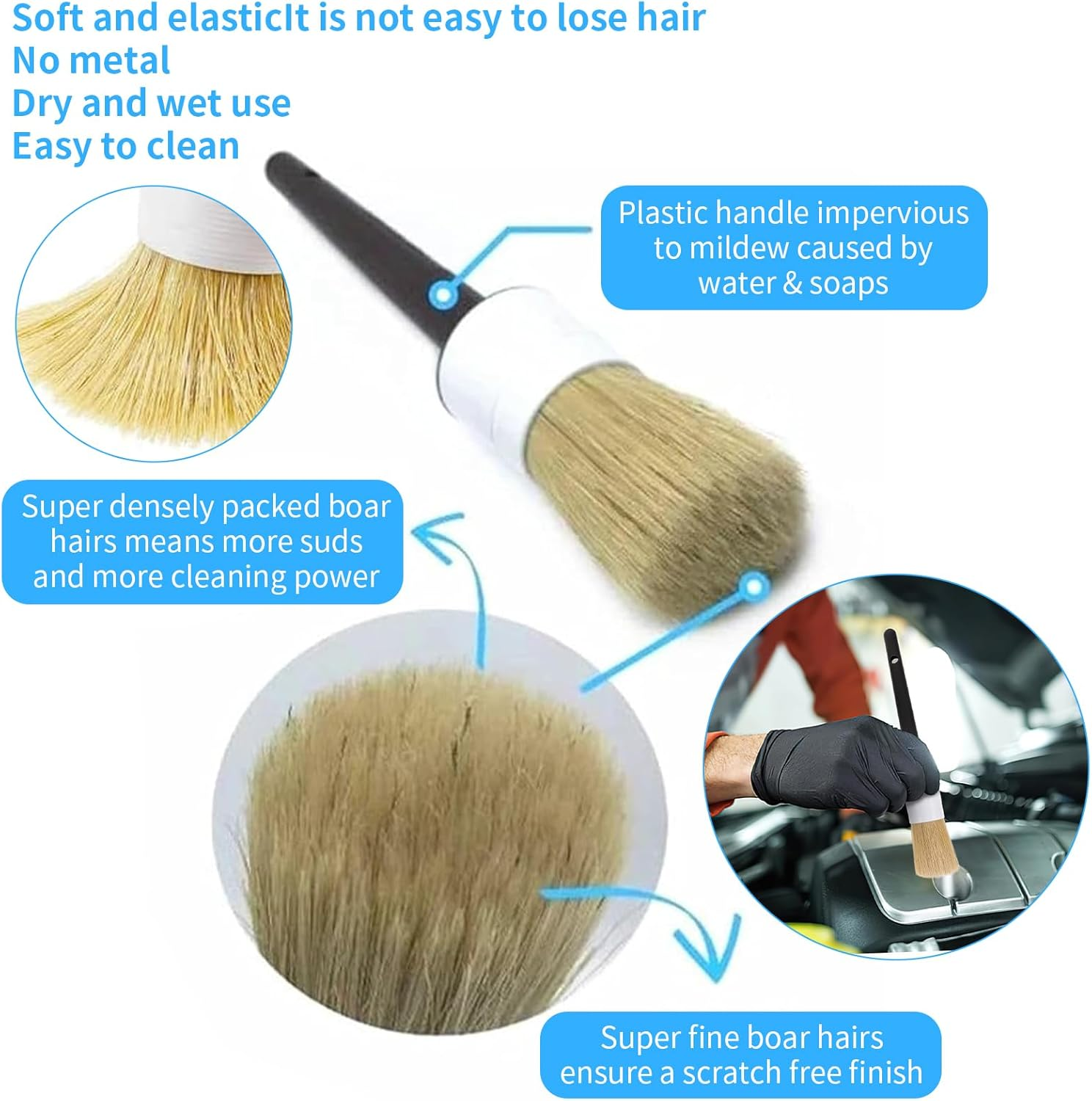 5 PCS Car Detailing Brush Set &ndash; Boar Hair Detailing Brushes for Wheels, Dashboard, Engine Bay, Air Vents, Grilles & Trim &ndash; Soft & Durable Auto Cleaning Brushes for Cars, Trucks & Motorcycle (White)