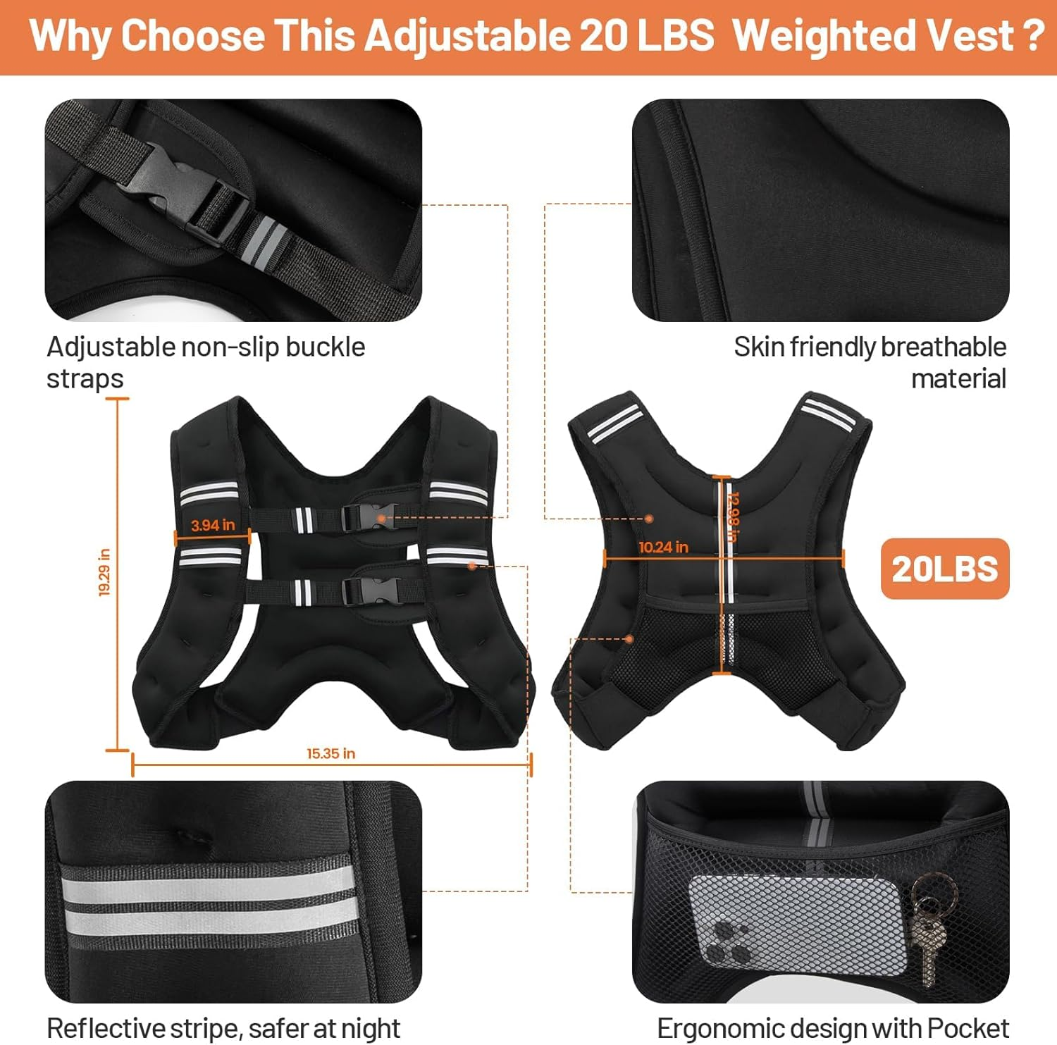 Weighted Vest for Woman Men, Weight Vest with Reflective Stripe Double Adjustable Buckle Straps Back Mesh Pocket for Workout Strength Training Walking Jogging Running