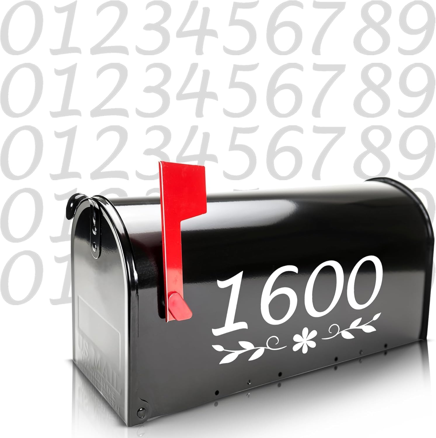 Reflective Post Box Numbers Stickers for outside - 5 Sets, 2 Inches Tall 0-9 Numbers plus Optional Designs - White Self-Adhesive Vinyl Decals - Waterproof and UV Resistant. image number 1