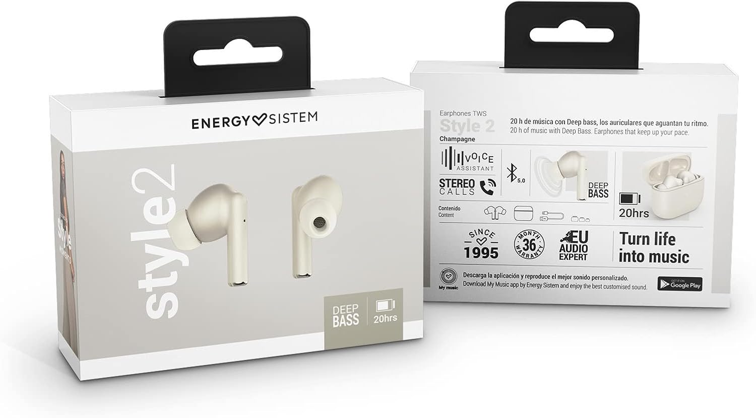 Energy Sistem True Wireless Headphones Style 2 Champagne (Wireless Stereo Headphones, BT 5.1, Deep Bass, Charging Box) - Champagne