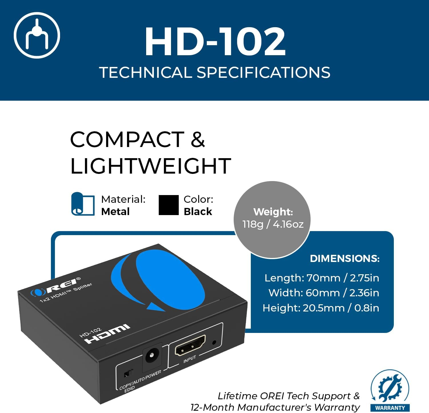 OREI HDMI Splitter 1 in 2 Out 4K - 1X2 HDMI Display/Mirror - Powered Splitter Full HD 1080P, 4K @ 30Hz (One Input to Two Outputs) - USB Cable Included - 1 Source to 2 Identical Displays image number 1