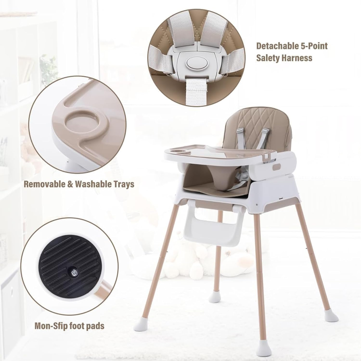 3 in 1 Baby High Chair, Adjustable Convertible Toddlers Feeding Booster for Eating, White 67 * 60 * 90CM image number 5